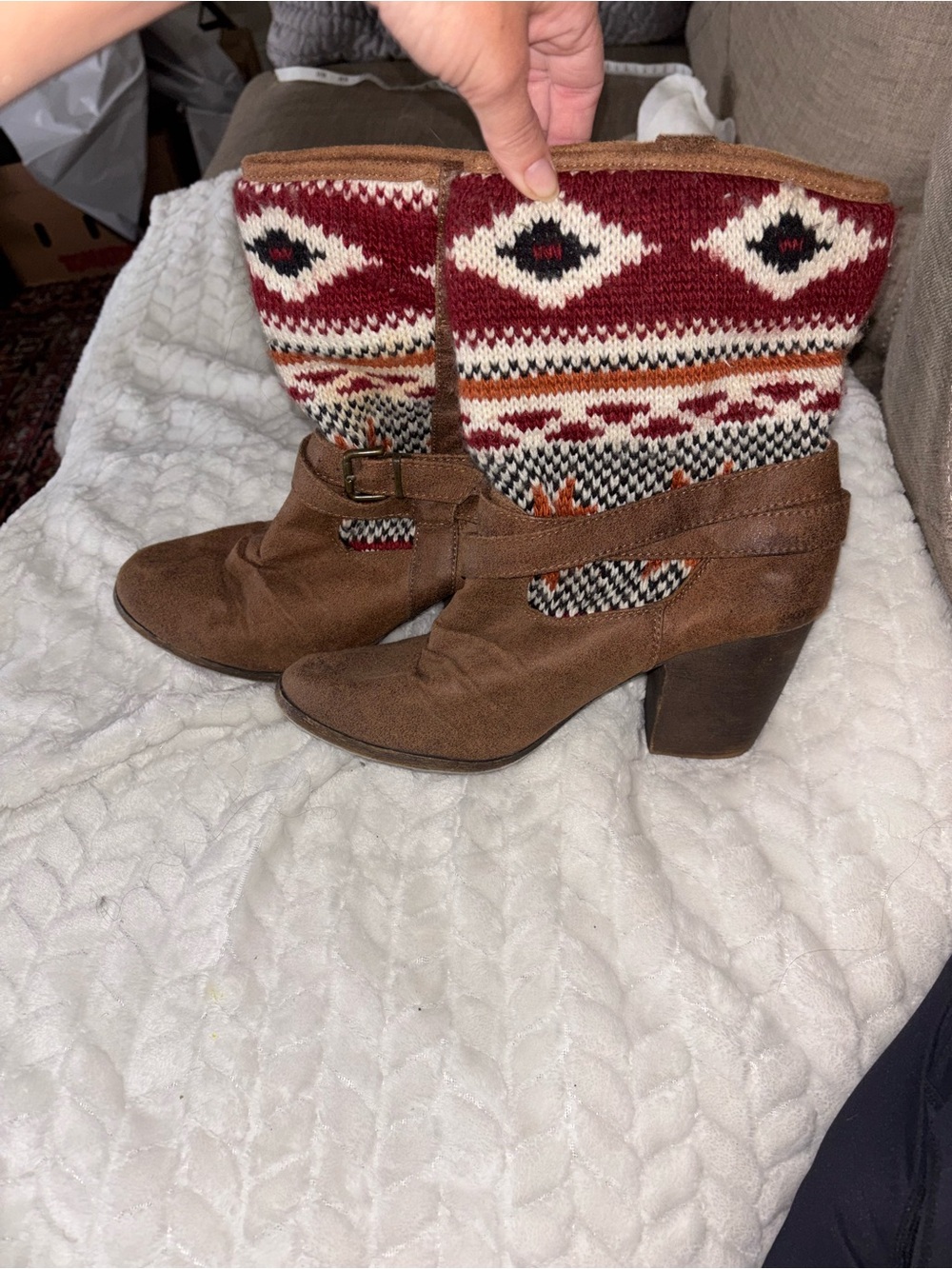 Brown Suede-Look Knit Cuff Ankle Boots - Women